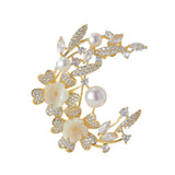 Floral Half Moon Brooch with Crystals and Pearls