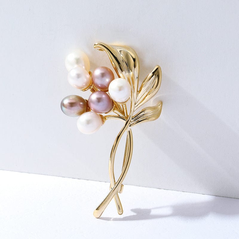 Flower Bundle Brooch with Pearls and Leaves