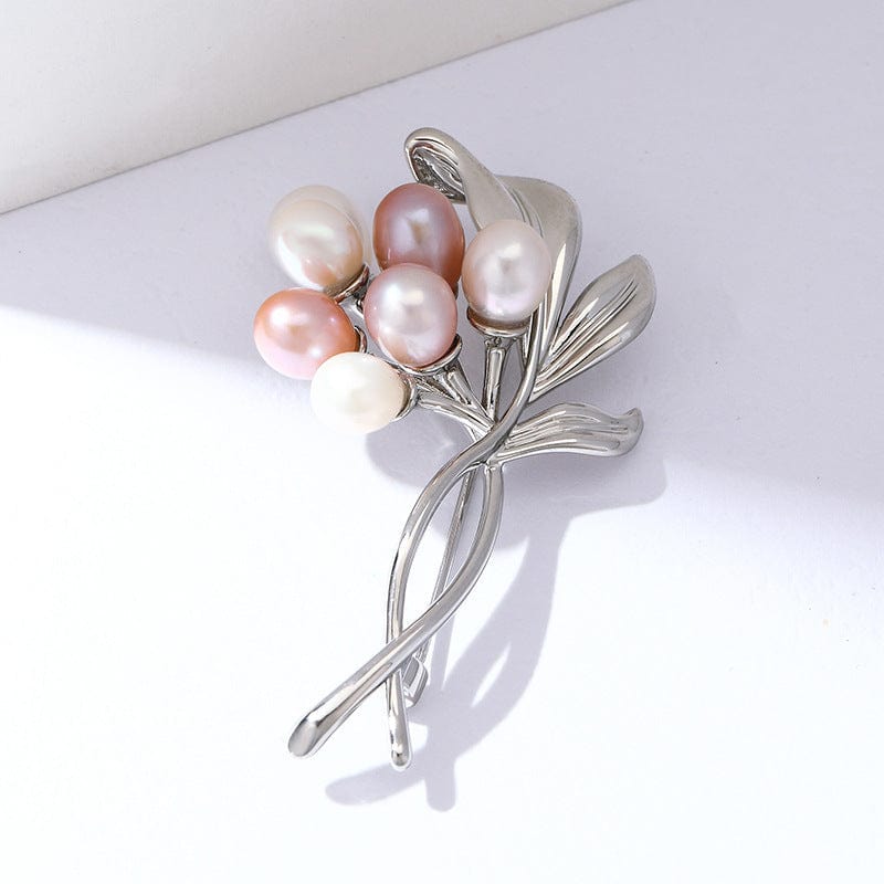 Flower Bundle Brooch with Pearls and Leaves