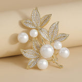 Fall Leaves Brooch with Pearls and Clear Crystals