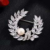 Floral Wreath Clear Crystal Brooch with Pearl