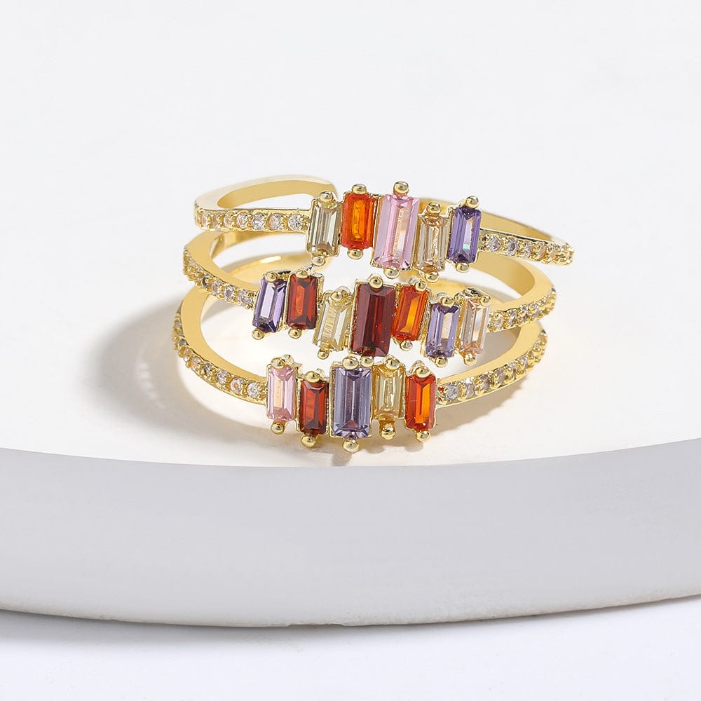Triple Layered Colorful Rhinestones Gold Adjustable Ring
