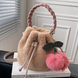 Soft Fluffy Bucket Shape Handbag with Cherry Keychain