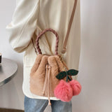 Soft Fluffy Bucket Shape Handbag with Cherry Keychain