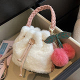 Soft Fluffy Bucket Shape Handbag with Cherry Keychain