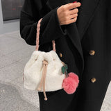 Soft Fluffy Bucket Shape Handbag with Cherry Keychain