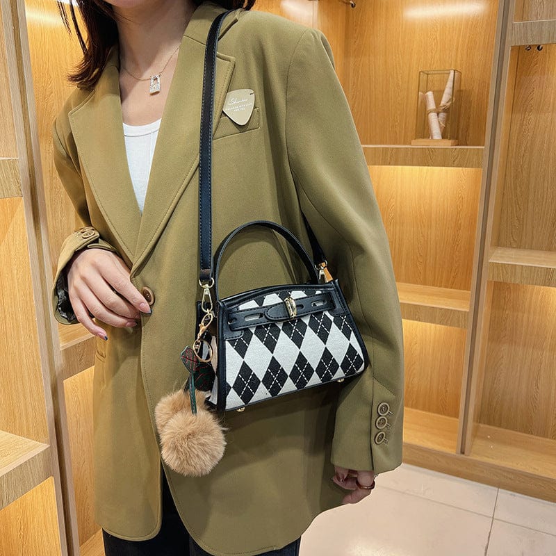 Small Checkered Handbag with Belt Clasp and Cherry Pompom