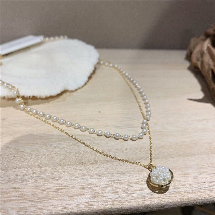 Double Layered Pearl and Gold Chain Necklace