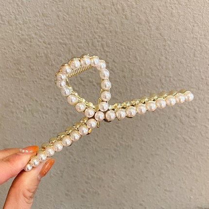 Gold Metal Geometric Open Hair Claw with Crystals & Pearls