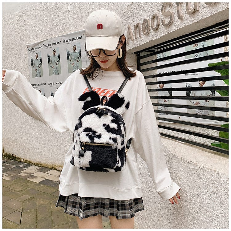 Cow Print Mouse Ears Furry Backpack
