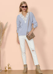 V Neck Lace Trim Sweater