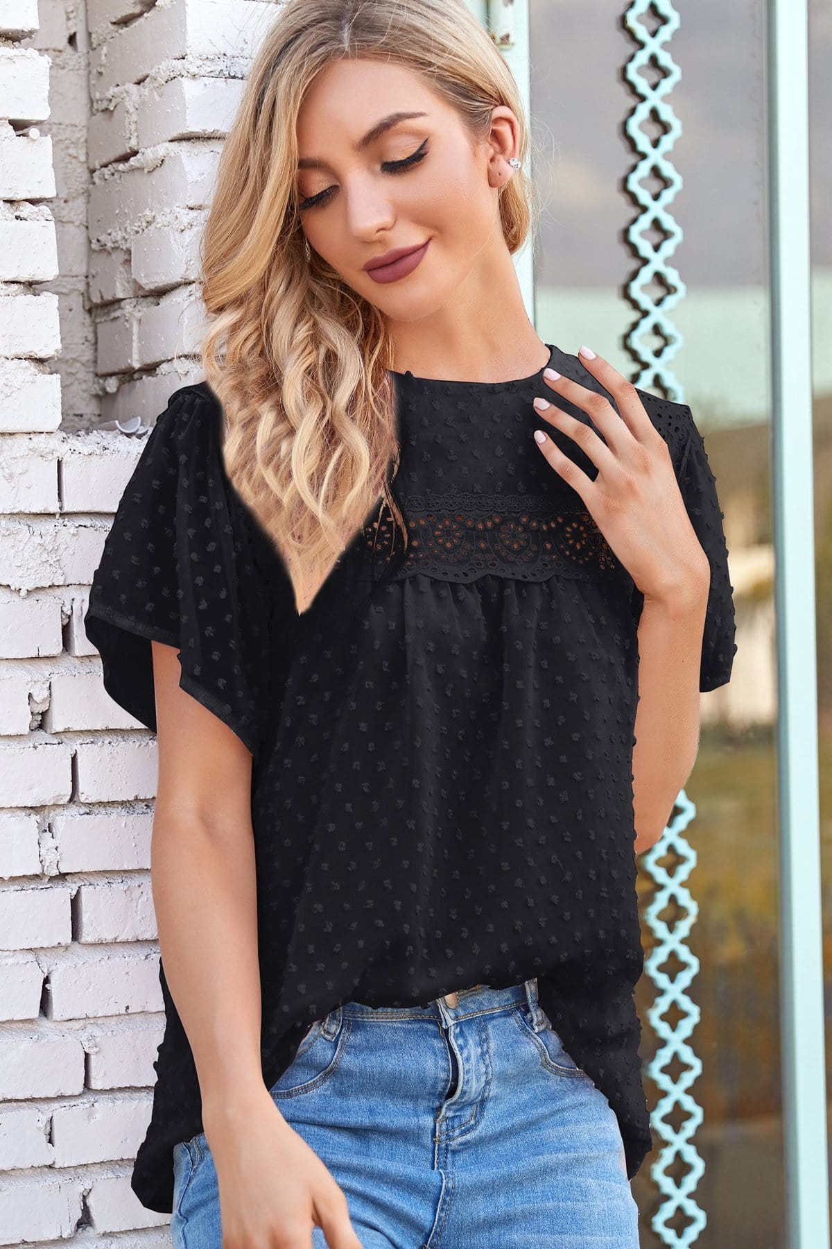 Puffed Sleeve Lace Clip Dot Blouse