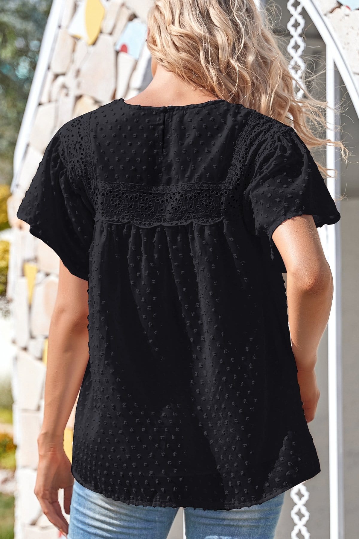Puffed Sleeve Lace Clip Dot Blouse