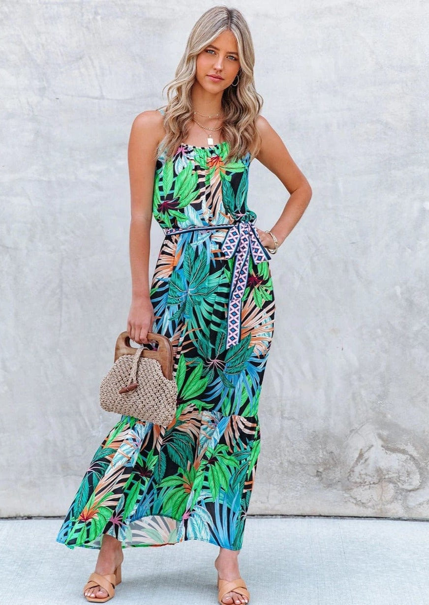 Contrast Belt Tropical Print Dress