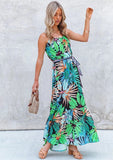 Contrast Belt Tropical Print Dress