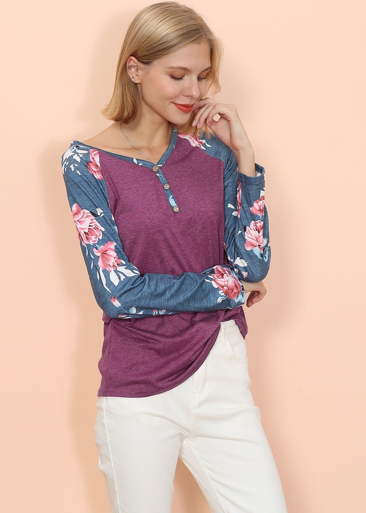 Floral Print Henley Long Sleeve