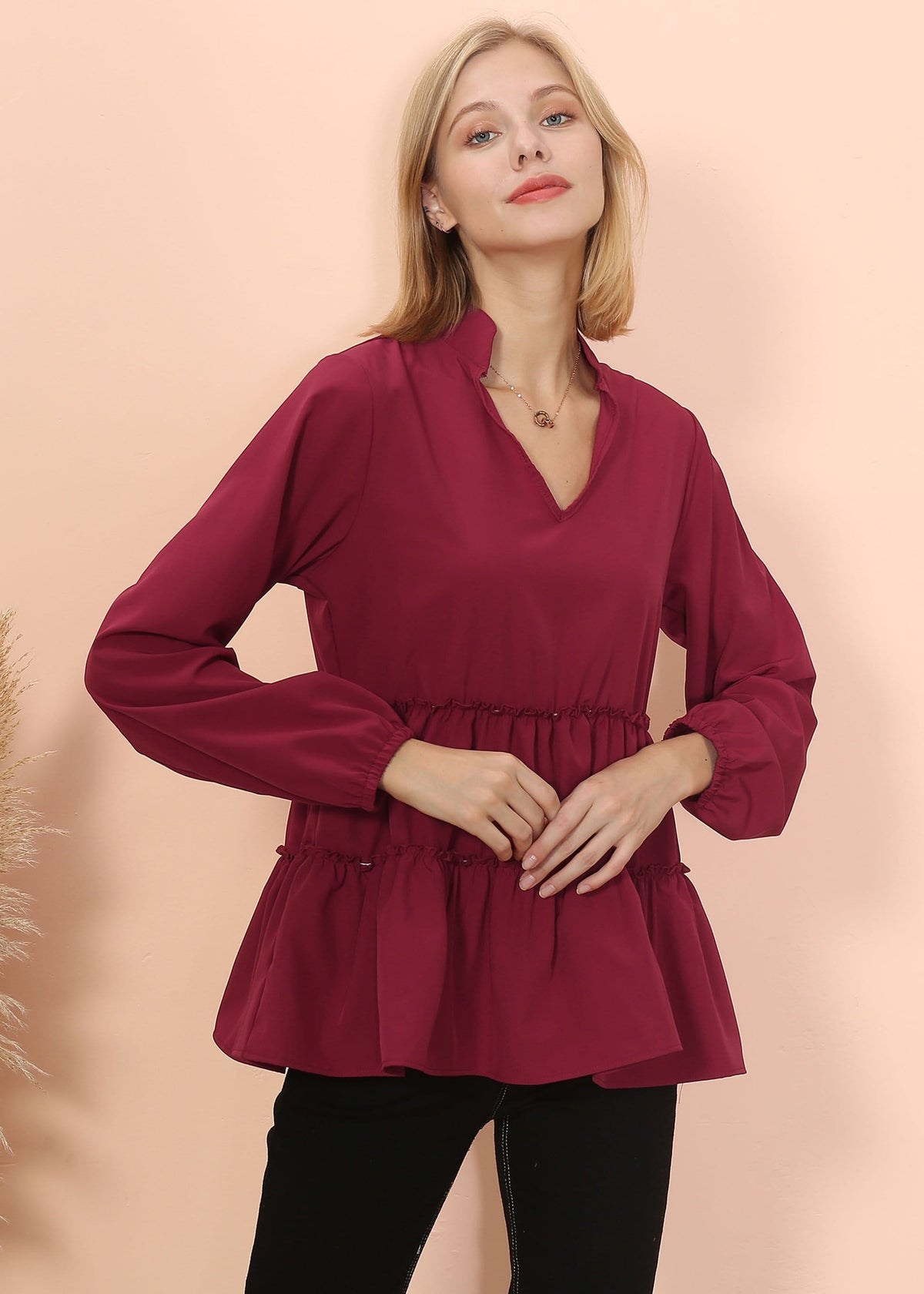 Mandarin Collar Ruffle Hem Blouse