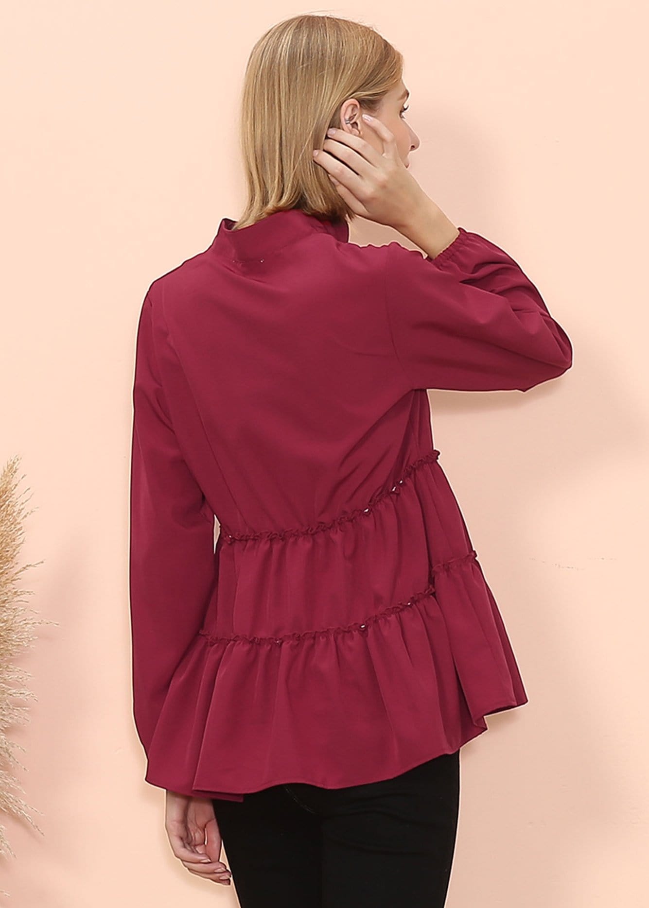 Mandarin Collar Ruffle Hem Blouse