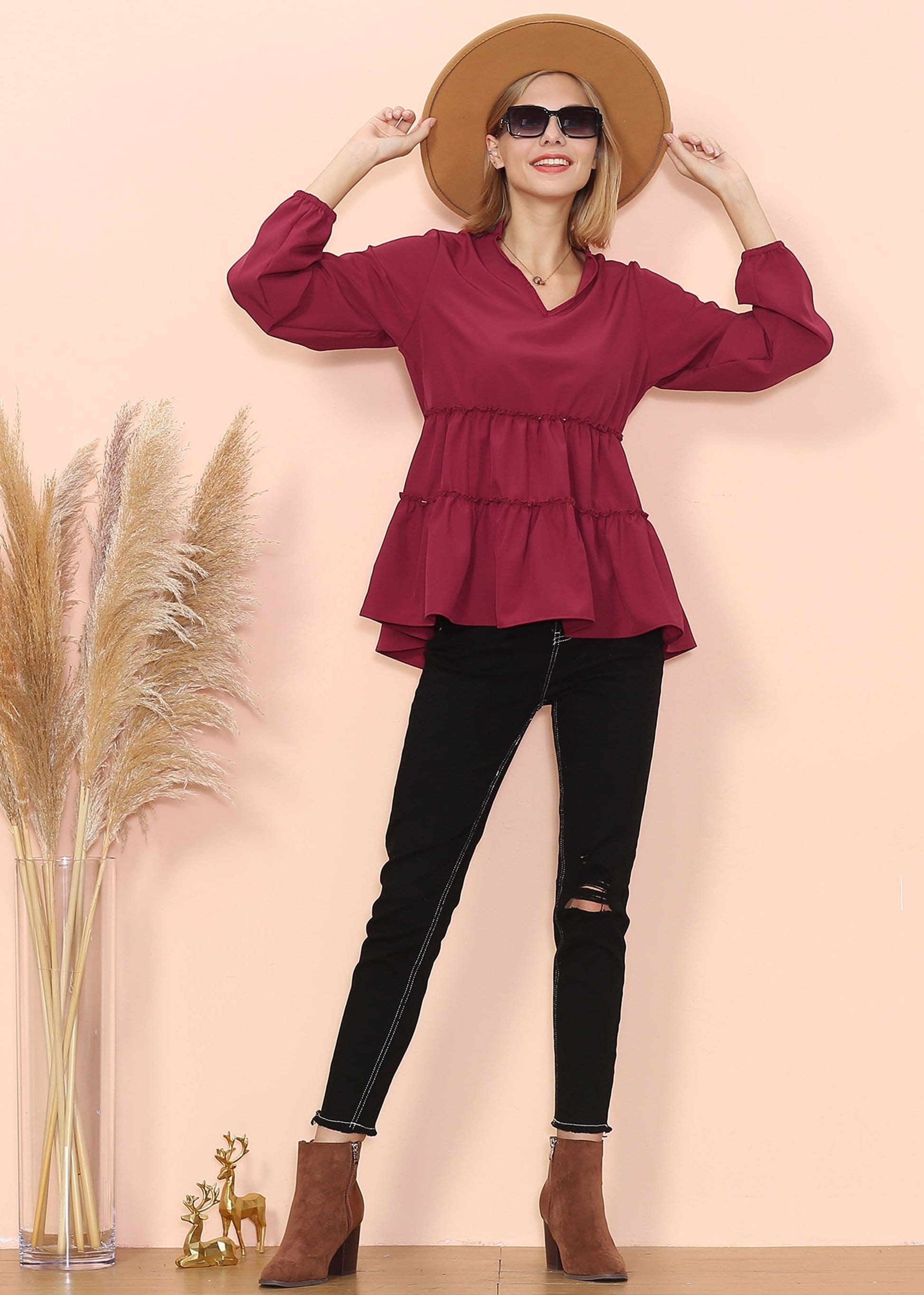 Mandarin Collar Ruffle Hem Blouse