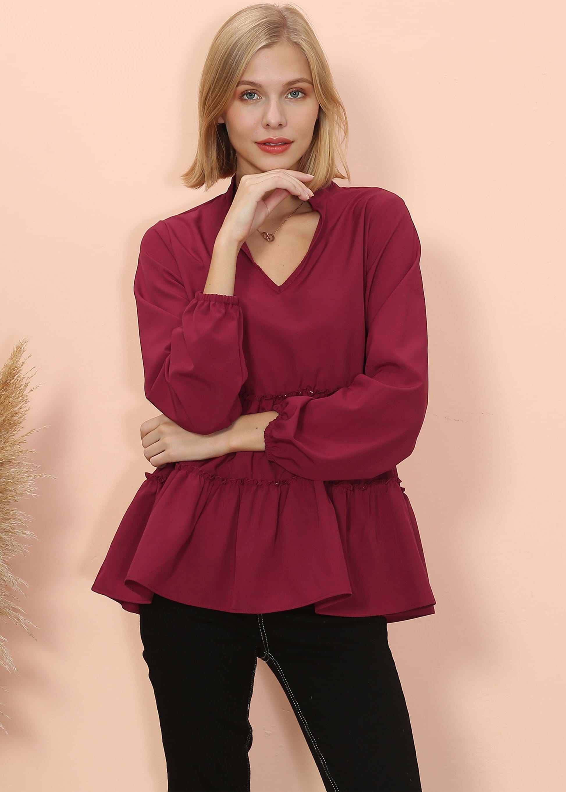 Mandarin Collar Ruffle Hem Blouse