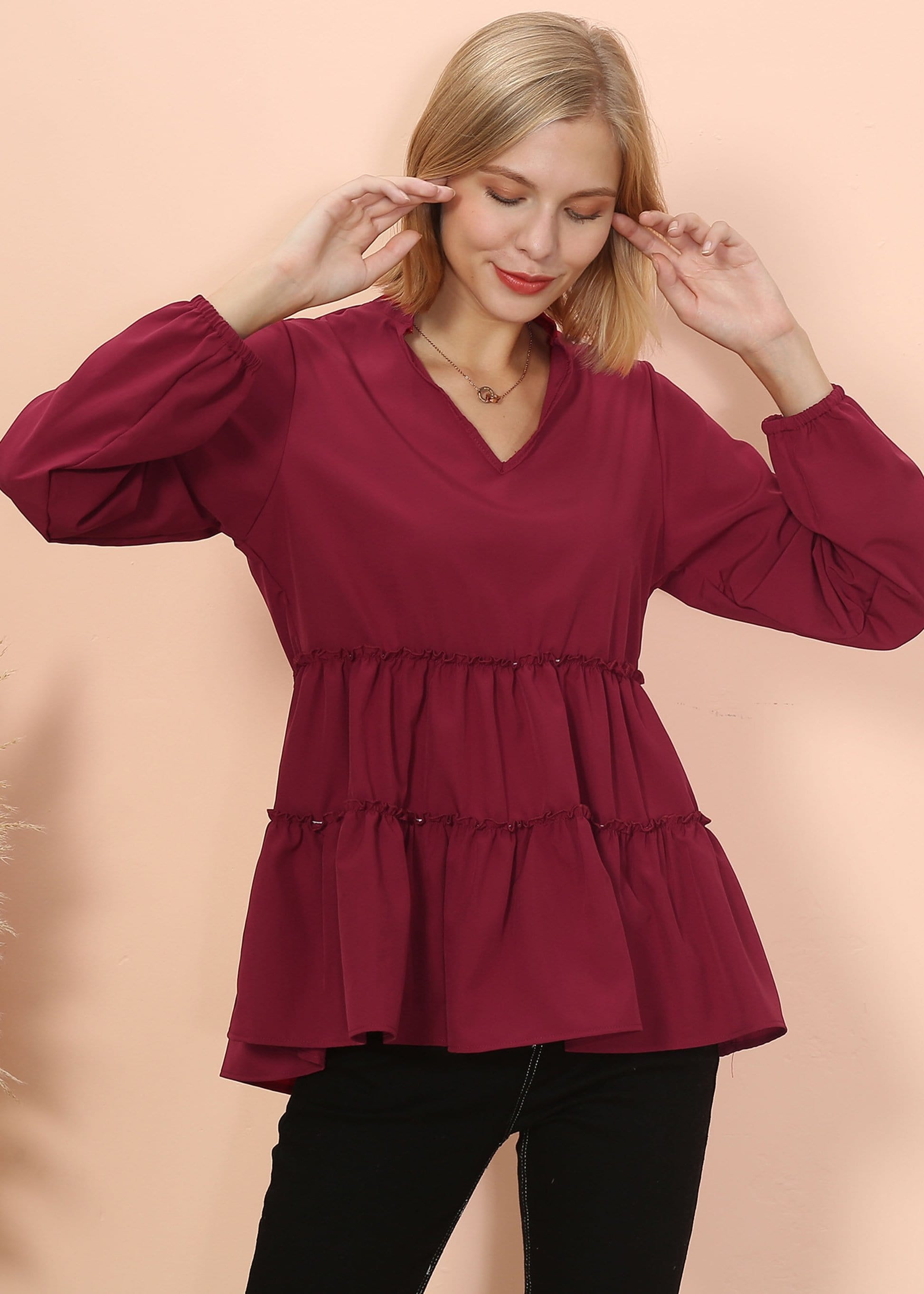 Mandarin Collar Ruffle Hem Blouse