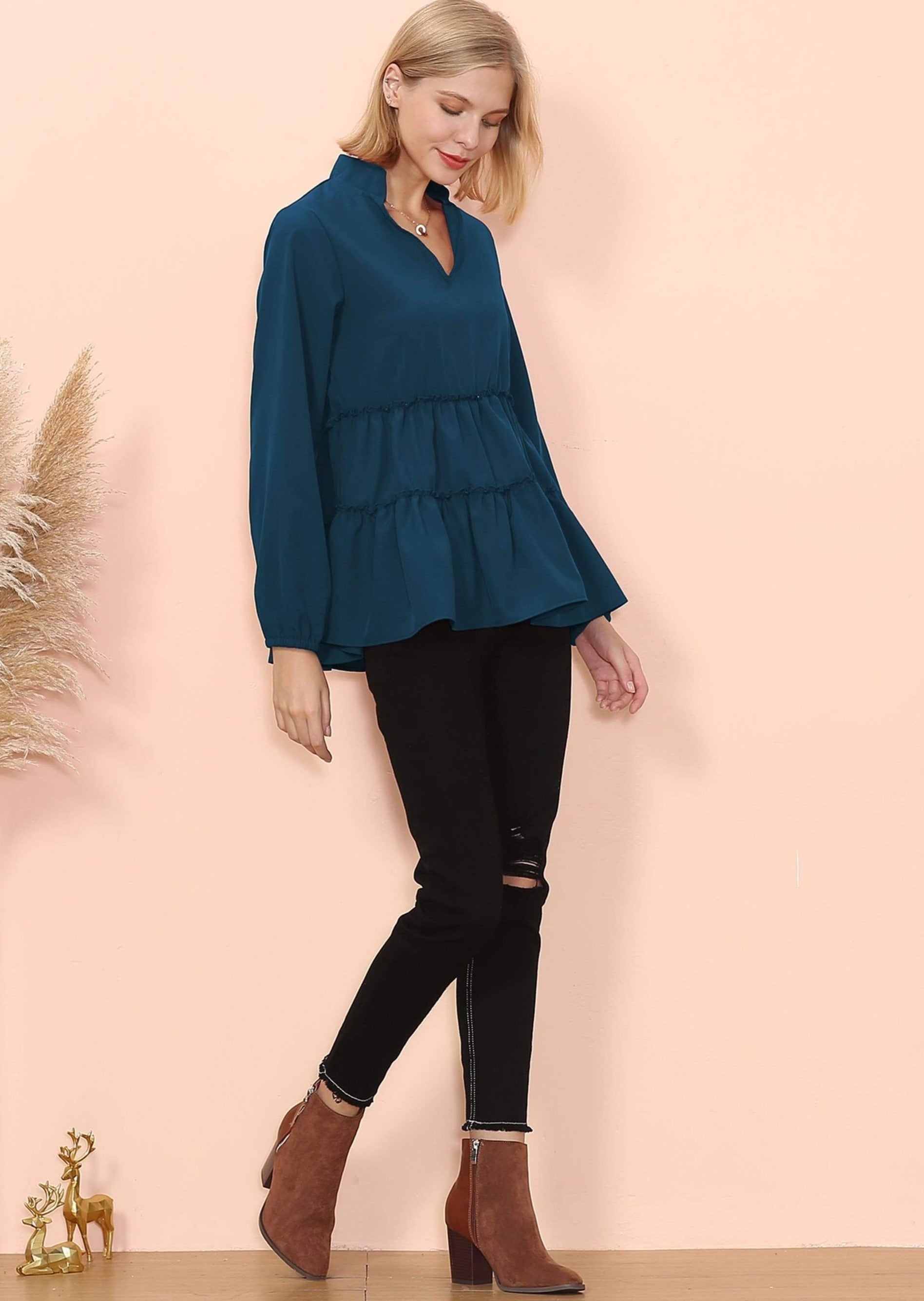 Mandarin Collar Ruffle Hem Blouse