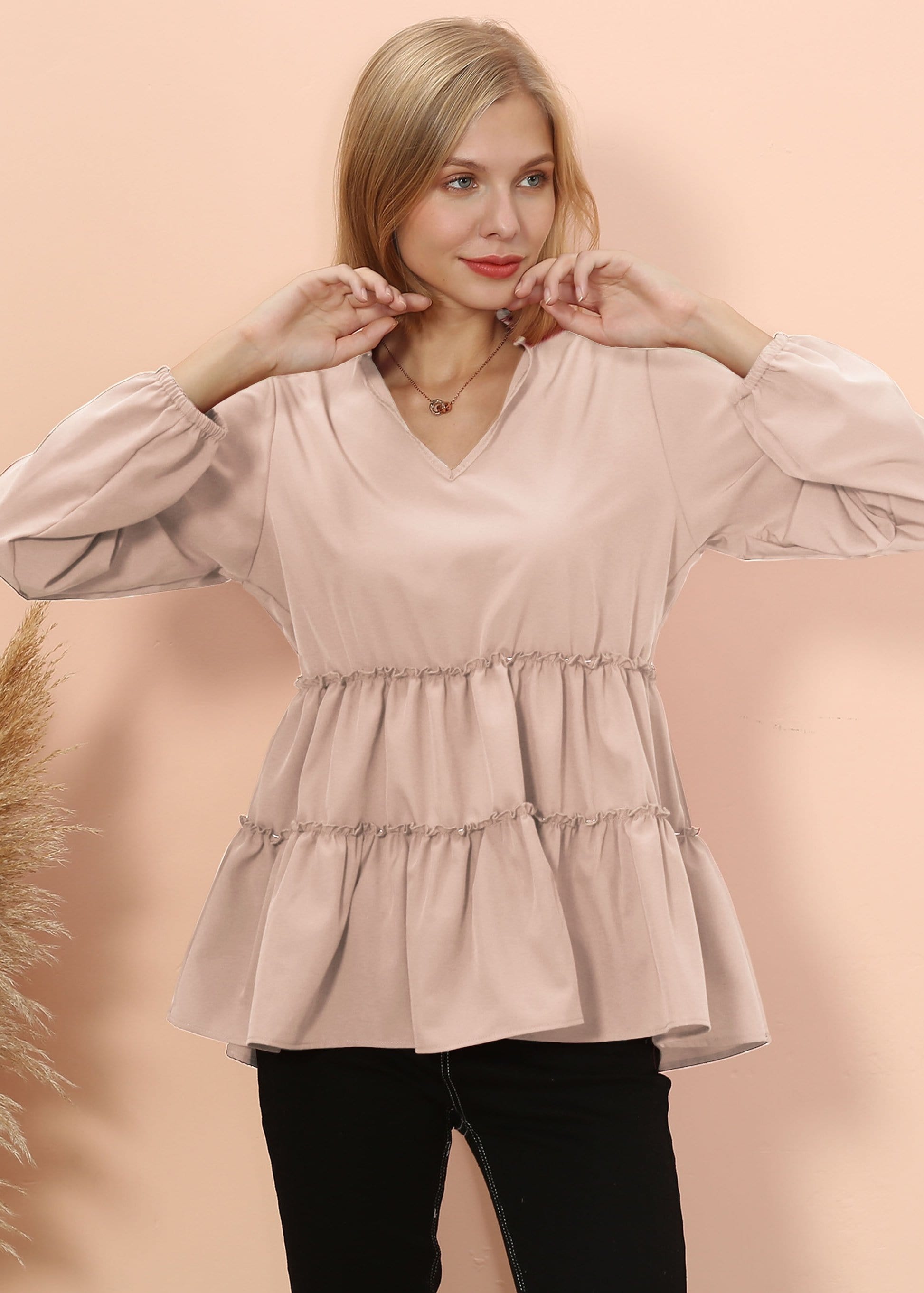 Mandarin Collar Ruffle Hem Blouse