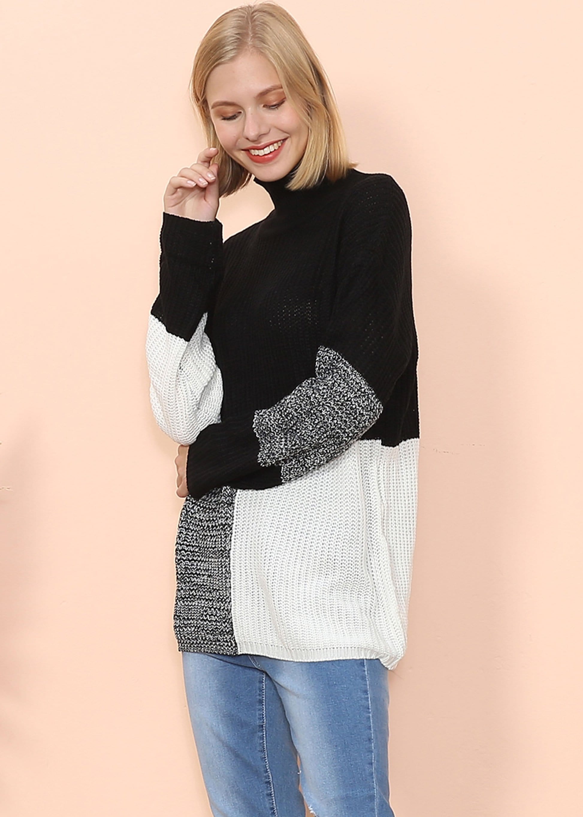 Turtleneck Color Block Knit Sweater