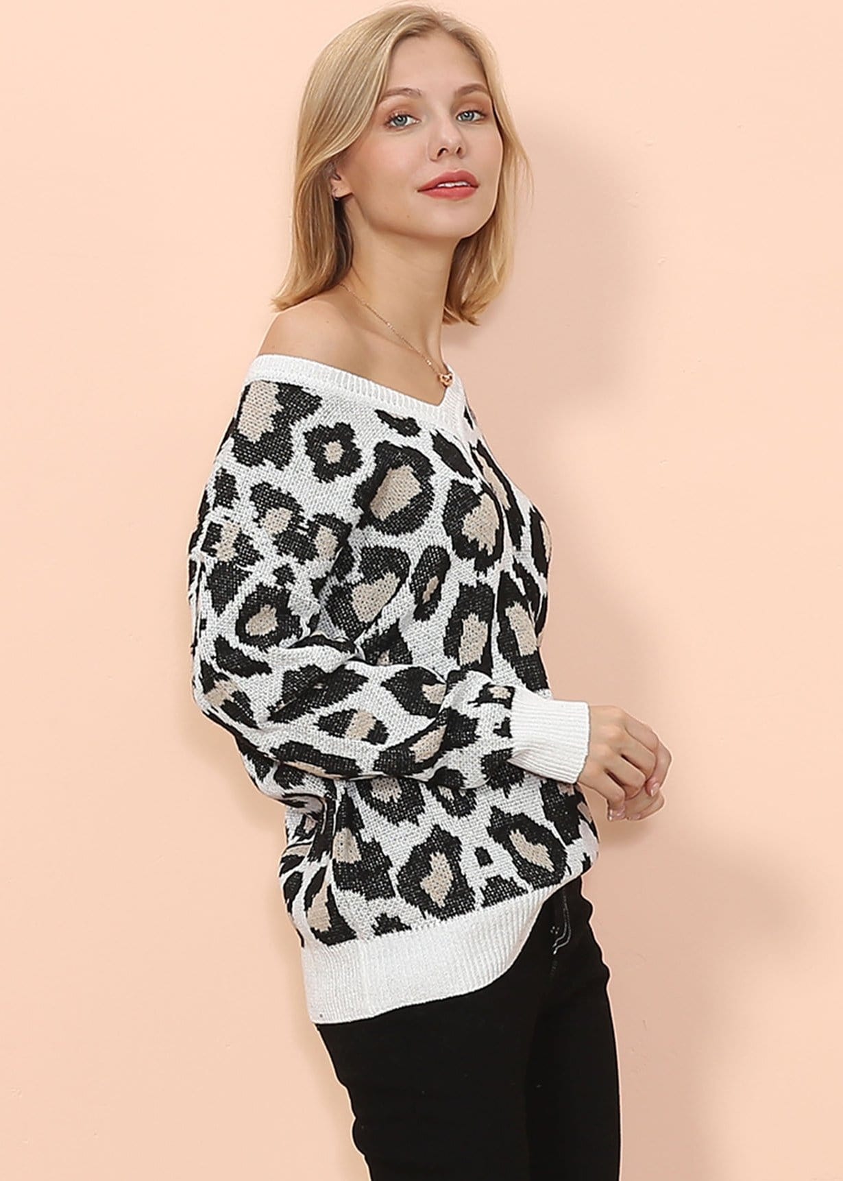 Drop Shoulder Leopard Print Sweater