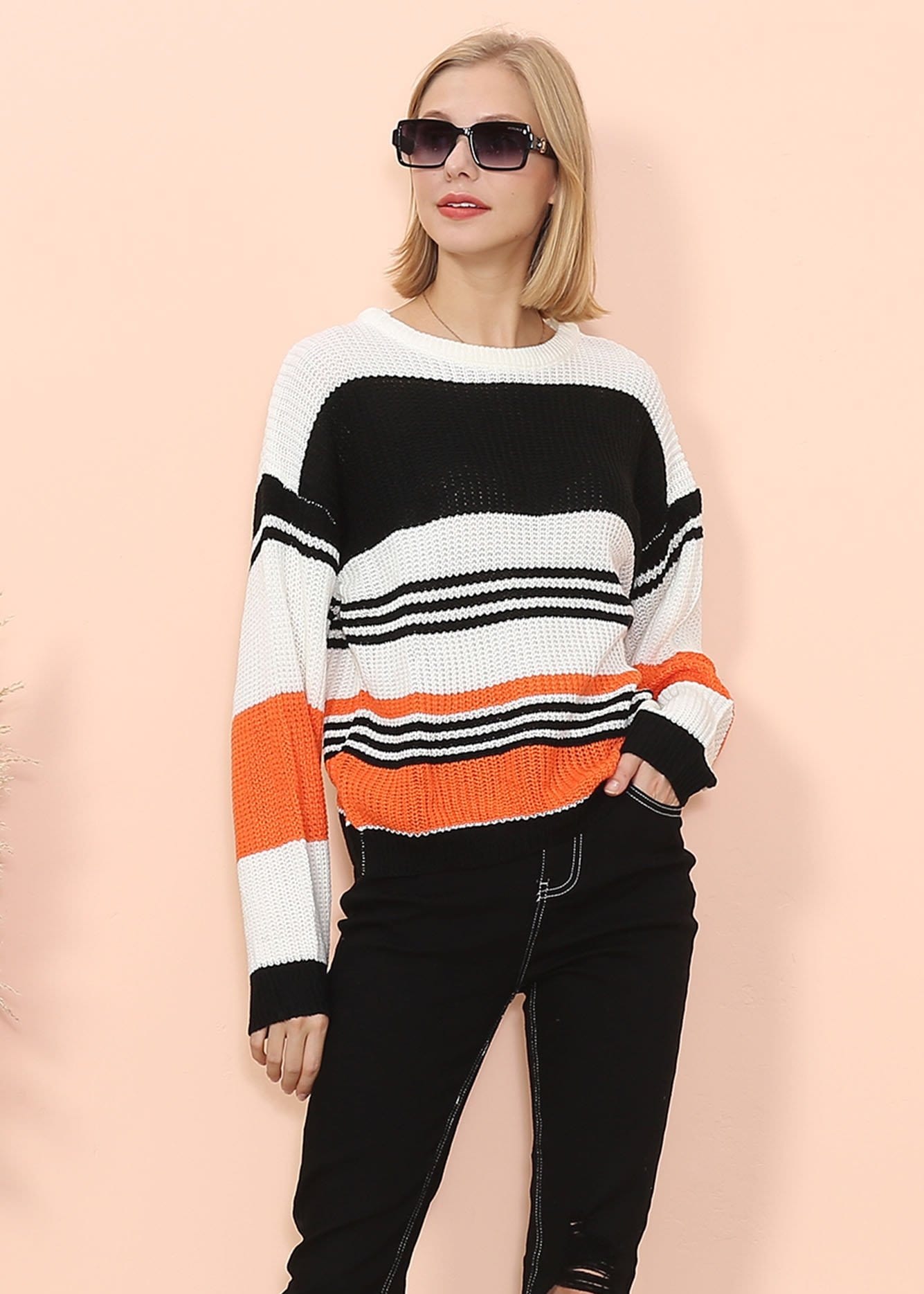 Drop Shoulder Striped Knit Sweater