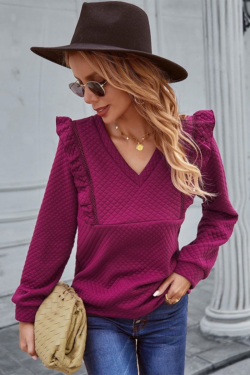 Quilted Ruffle Trimmed Sweater