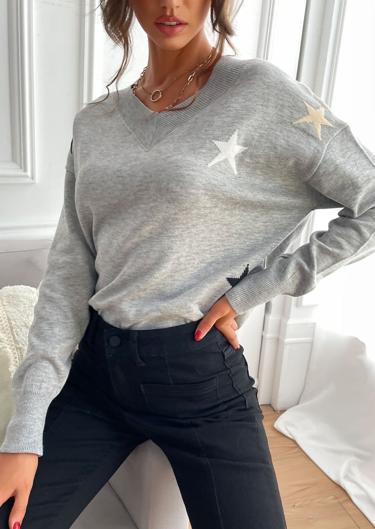 Drop Shoulder Star Print Sweater
