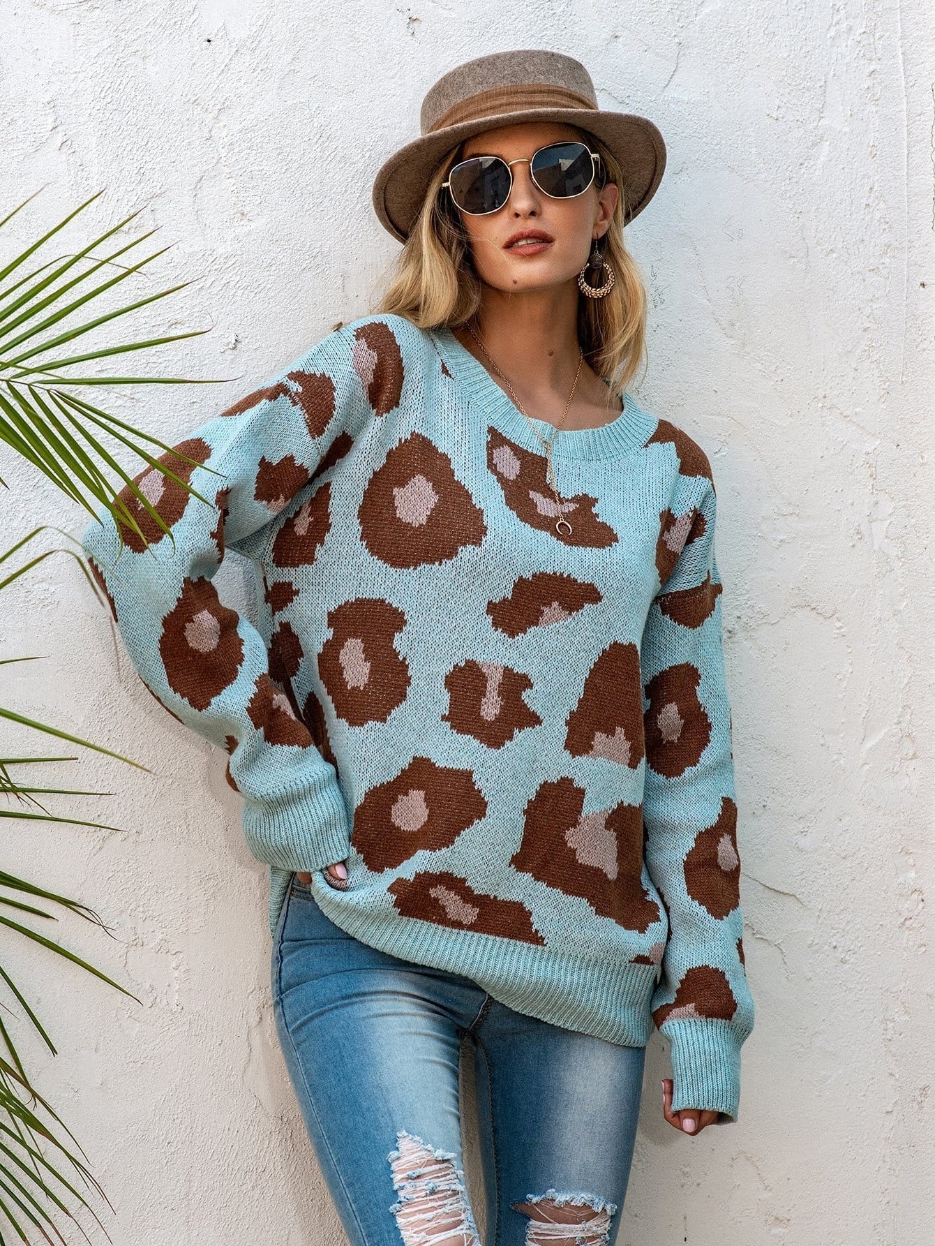 Drop Shoulder Leopard Knit Sweater