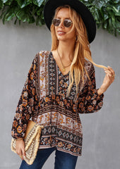 Boho-Bluse mit V-Ausschnitt und Blumenmuster 