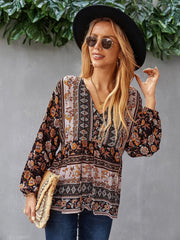 Boho-Bluse mit V-Ausschnitt und Blumenmuster 