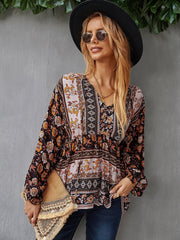 Boho-Bluse mit V-Ausschnitt und Blumenmuster 