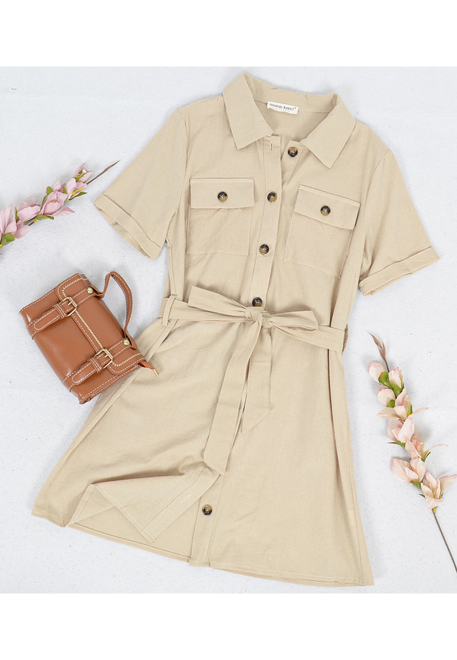 Contrast Button Down Belted Dress