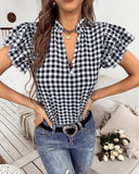 Gingham Tiered Ruffle Sleeve Blouse