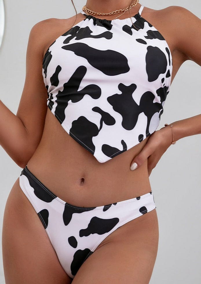 Cow Print String Halter Scarf Tying Bikini Set