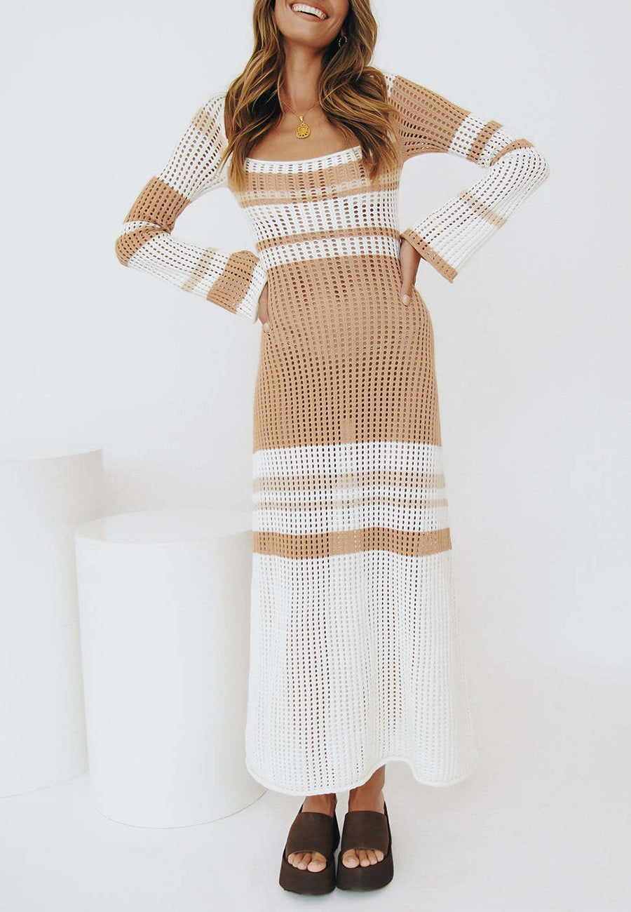 Rainbow Striped Square Neck Long Sleeved Cover-Up Dress