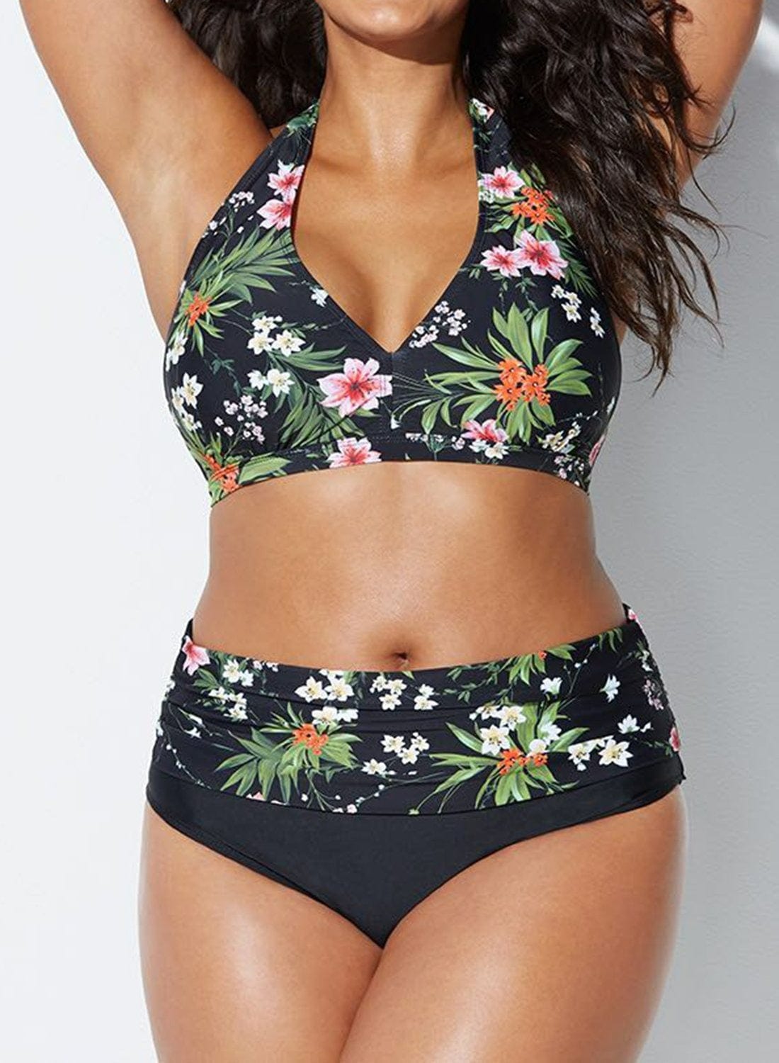 Plus Tropical Print Halter High Rise Bikini Set