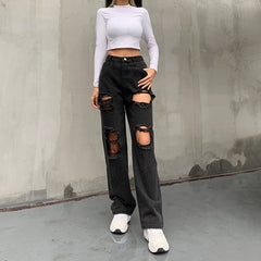 Entspannte, gerade geschnittene Baggy-Jeans im Used-Look mit hohem Bund