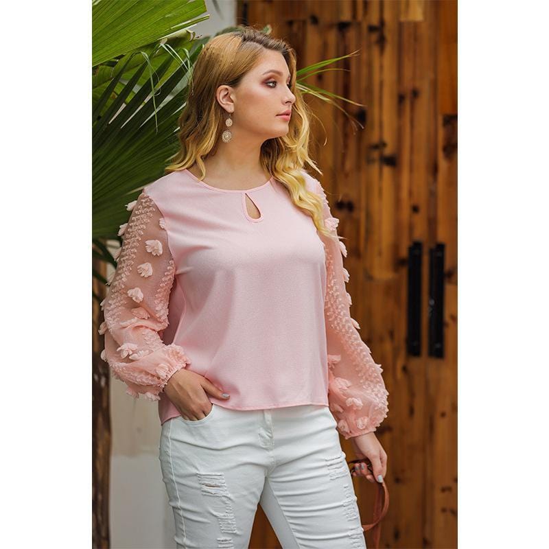 Plus Keyhole Front Textured Sleeve Blouse