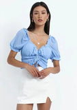Puff Sleeve Sweetheart Drawstring Ruched Crop Top