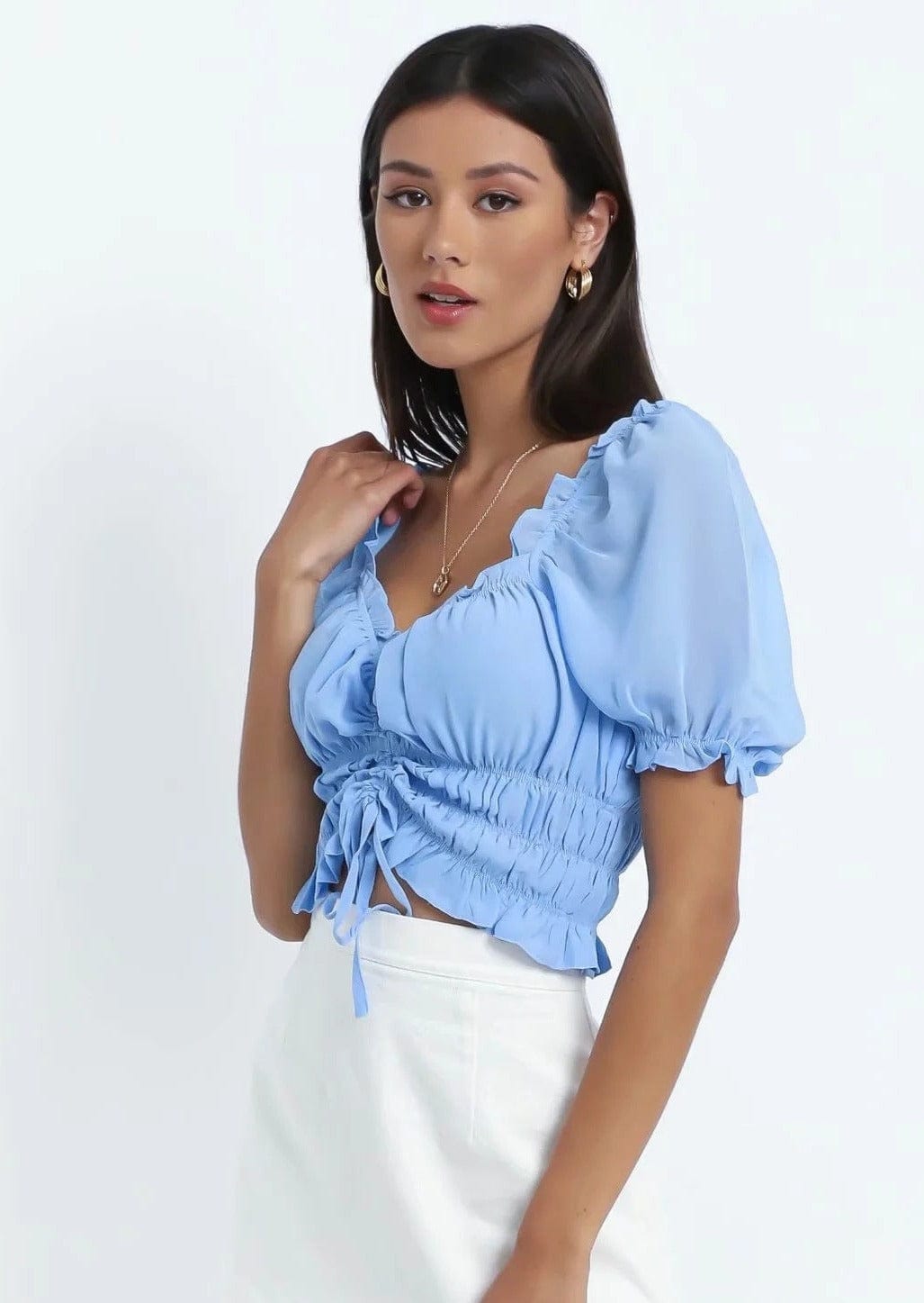 Puff Sleeve Sweetheart Drawstring Ruched Crop Top