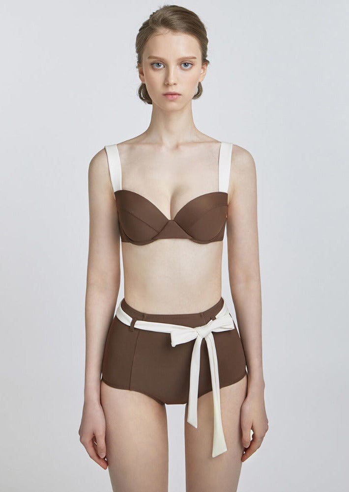 Contrast Lined High Rise Ribbon Belt Bikini Set