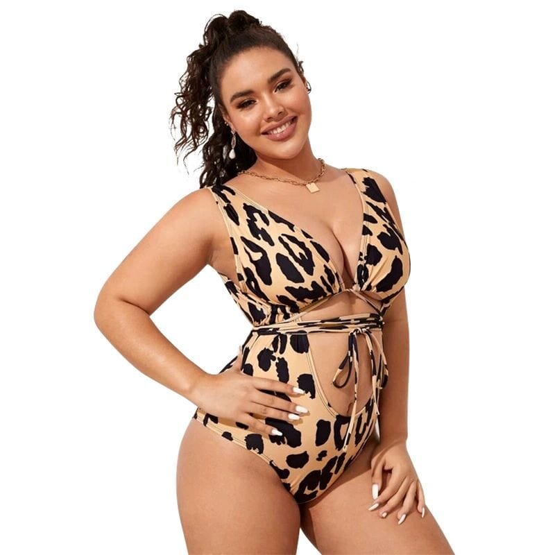 Plus Animal Print Plunge Open Back Waist Cut Out Tying One-Piece