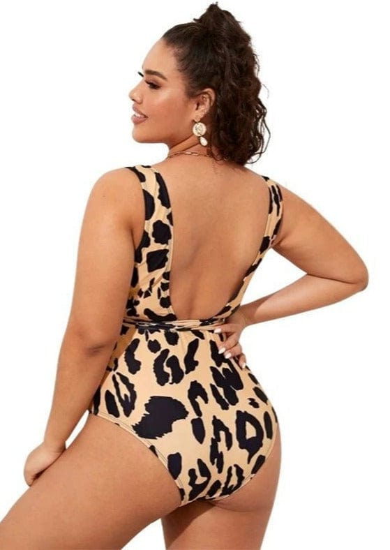 Plus Animal Print Plunge Open Back Waist Cut Out Tying One-Piece