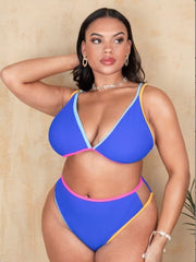 Plus High-Rise-Bikini-Set mit Dreiecksmuster und Regenbogen-Farbblockdesign in Pastell