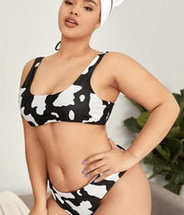 Plus Cow Print Scoop Neck Tank Mid Rise Bikini Set